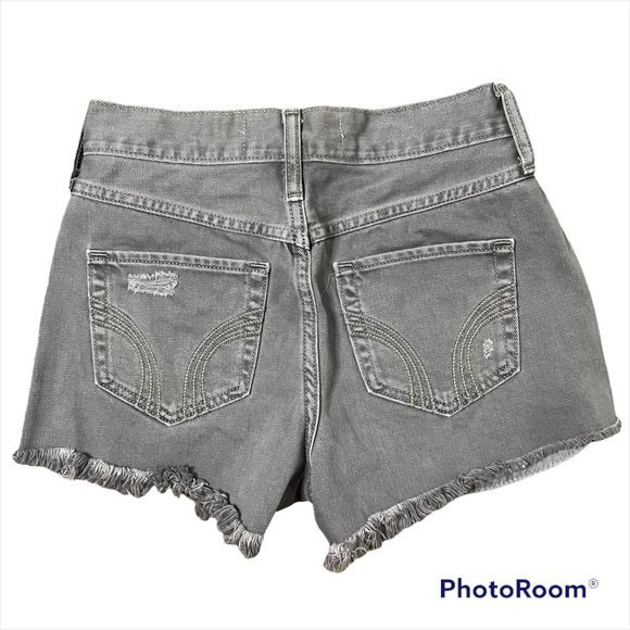 Hollister High Rise Short Short Denim Shorts Size 1 Gray Distressed Button Fly - Picture 2 of 5